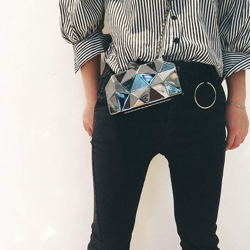 Reberomantic Women Lattice Pattern Metal Handbag Chain Geometric Evening Clutch Purse, Gun-color - Image 2